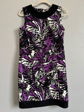 NWT Alyx Sleeveless Black & Purple Leaf-Print Shift Dress size 12p